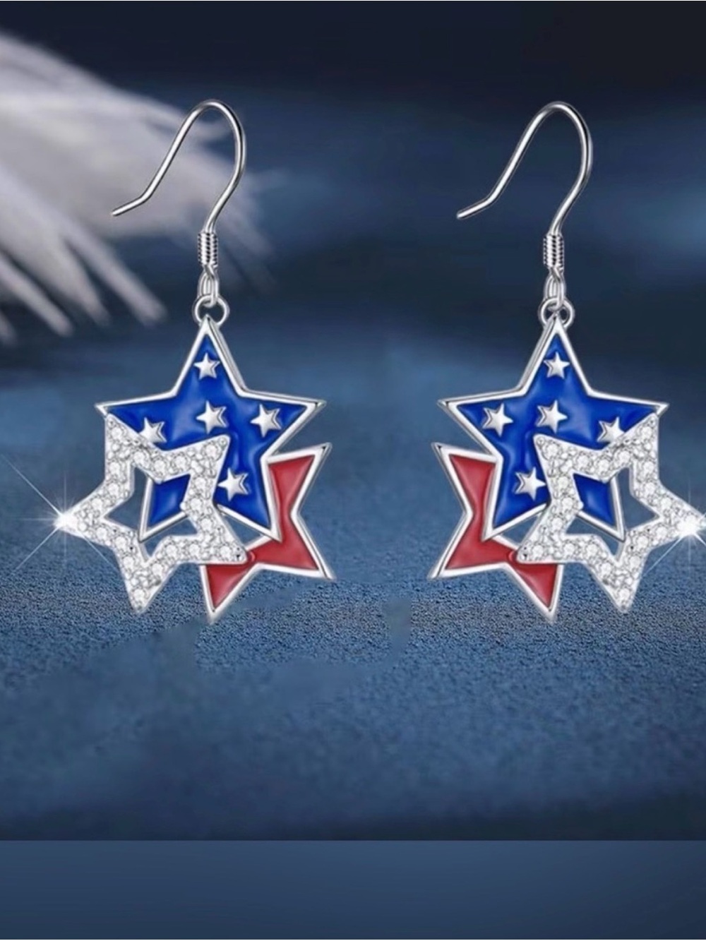 Patriotic Star Drop Earrings - Red, Silver & Blue - Picture 2 of 5